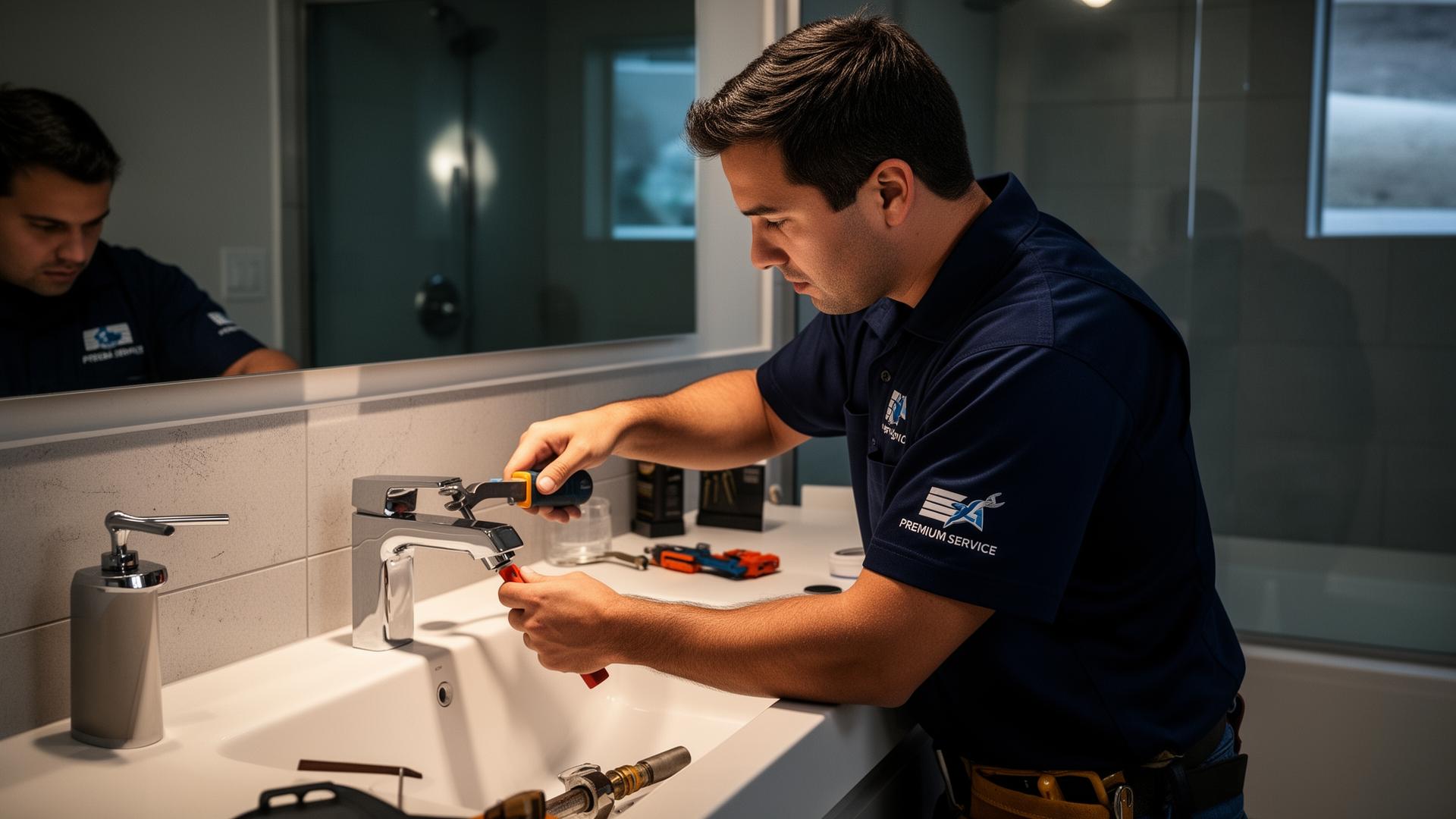 Licensed Plumber Priority One technician repairing a modern Phoenix bathroom faucet
